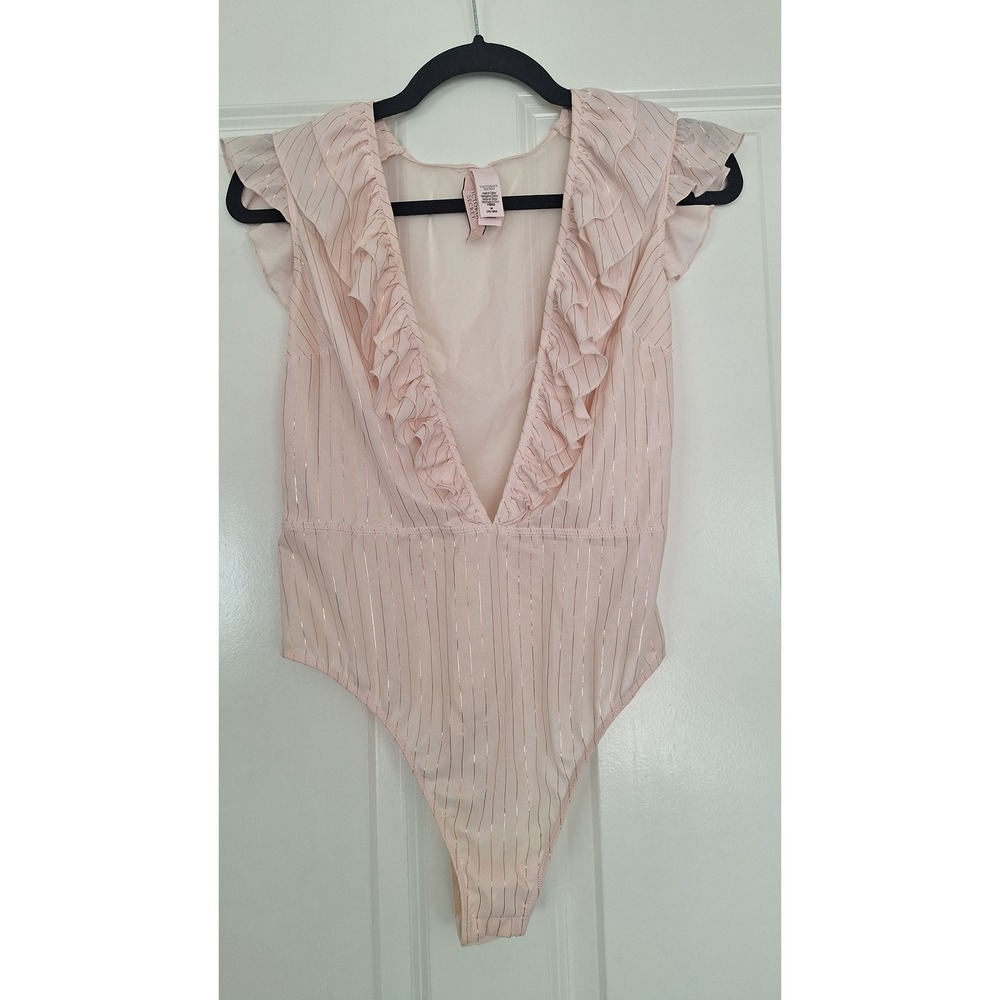 Victoria's Secret Pink Ruffle Plunge Bodysuit Gold Metallic Stripe Medium